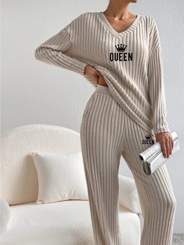 Women's V-Neck Ribbed 2-Piece Set for Fall and Winter
