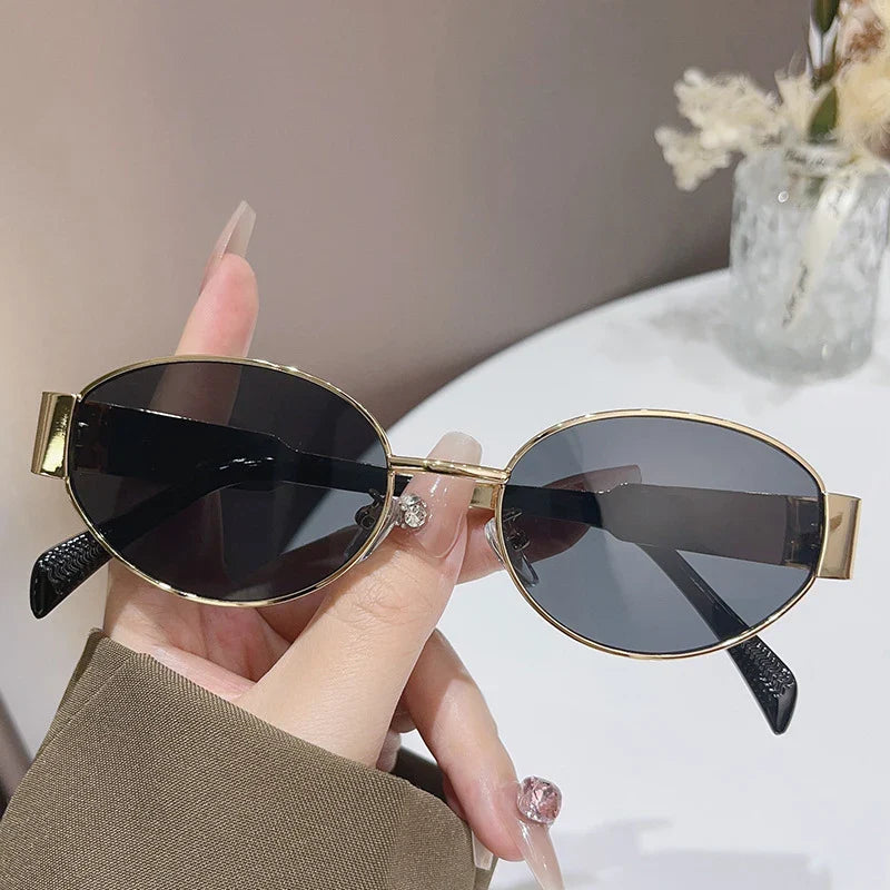 Trendy Oval Sunglasses for Women 2024 Luxury Brand Designer Metal Frame Sun Glasses Ladies Classic Vintage Round Shades Unisex