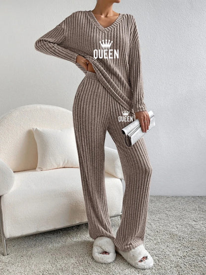 Women's V-Neck Ribbed 2-Piece Set for Fall and Winter
