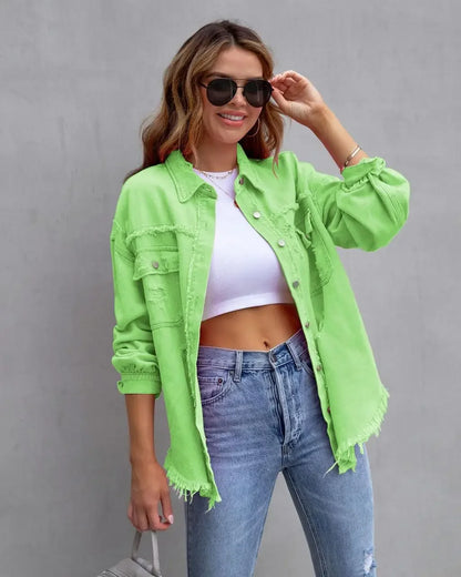 Women’s Fashion Ripped Shirt Jacket for Autumn and Spring Casual Tops