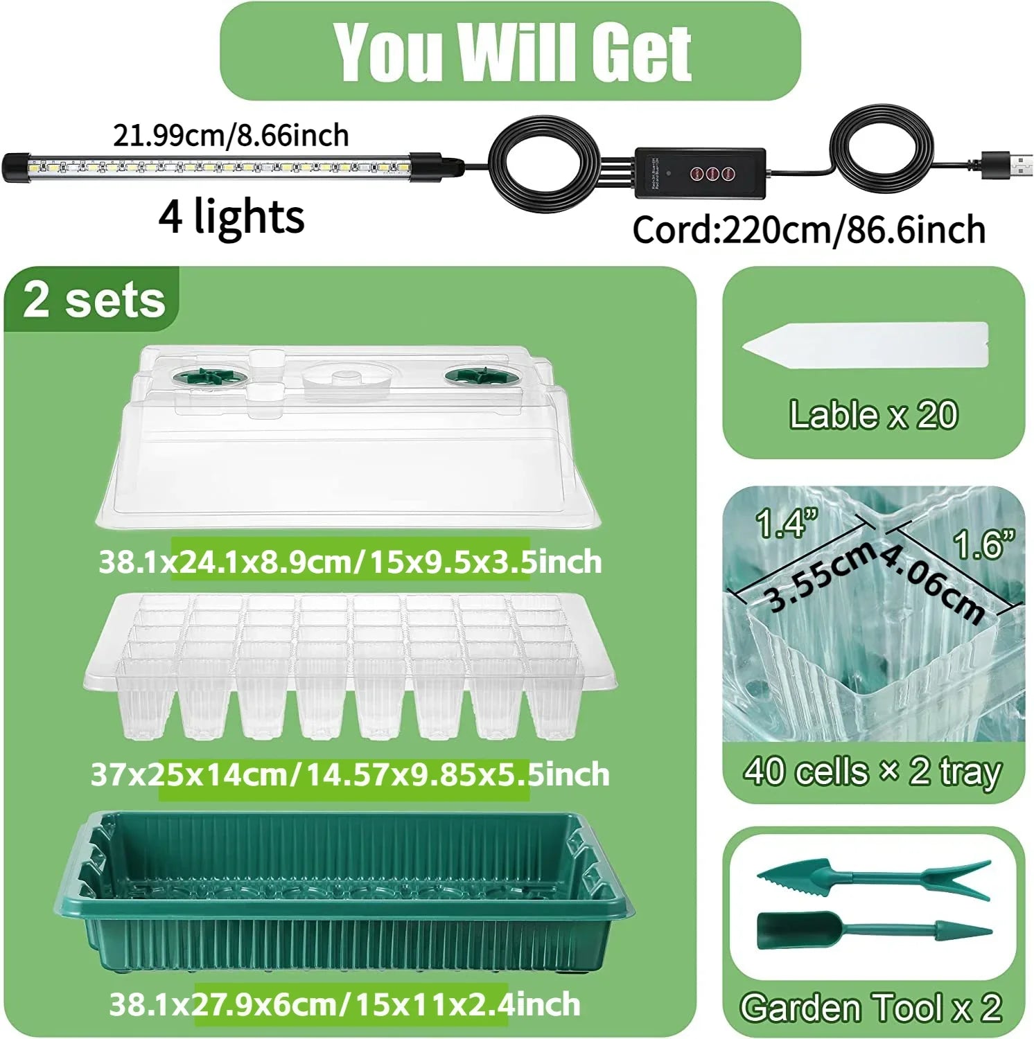 Seed starter trays with grow lights for indoor gardening and plant growth