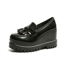 Sexy fetish wedge high heels in black with extreme arch and platform style

