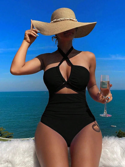 Drawstring One-piece Women Swimsuit 2025 Swimwear Female High Waisted Bikini Bandeau Halter Bathing Suit Swimming for Monokini