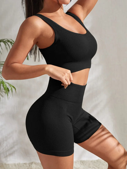 Seamless Ribbed Workout Sets for Women 2 Pieces Gym Suits Ribbed Crop Tank High Waist Shorts Outfits Fitness Running