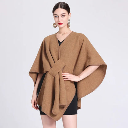 Casual Wool Blend Poncho Coat in Solid Color for Women