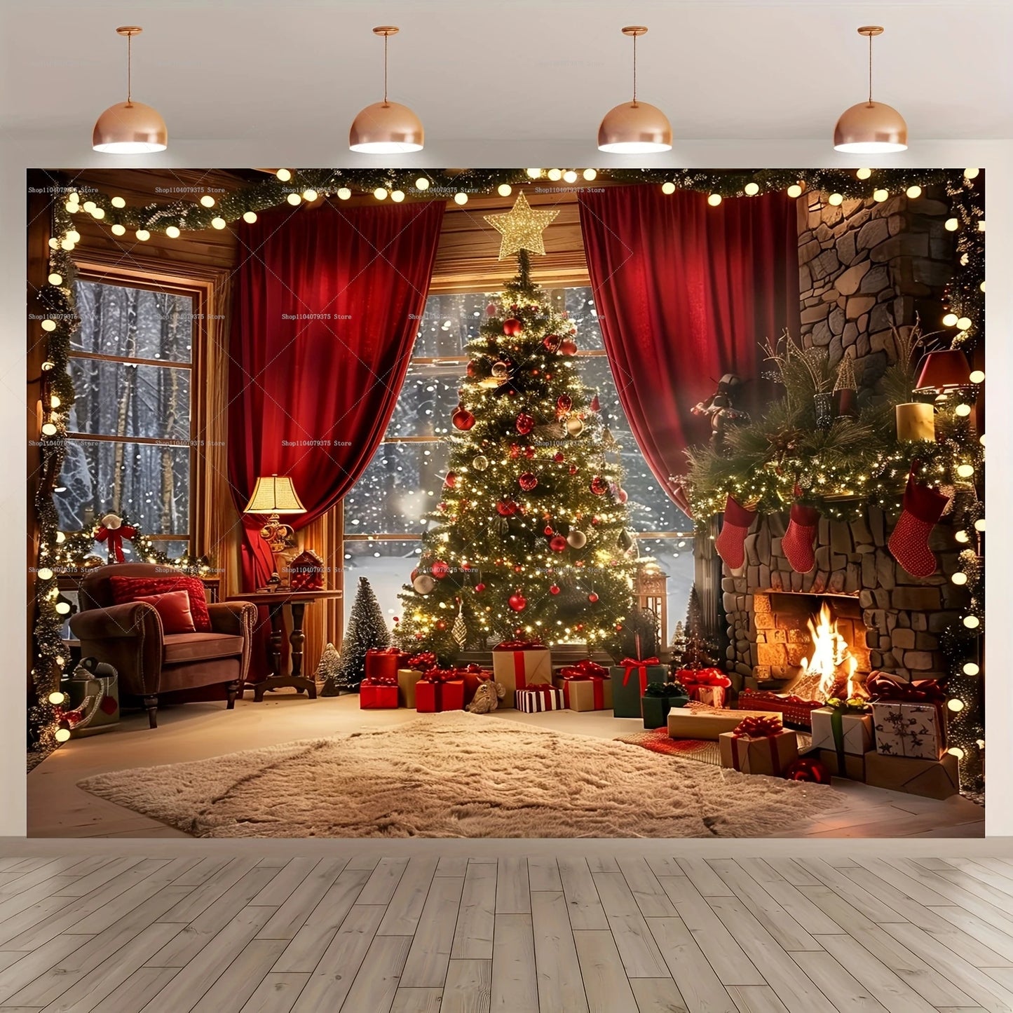 Winter Wonderland Christmas Photography Backdrop - Vibrant Country Window Scene with Snowman, Tree & Gifts - Perfect for Holiday Parties, Home Decor & Studio Props