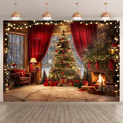 Winter Wonderland Christmas Photography Backdrop - Vibrant Country Window Scene with Snowman, Tree & Gifts - Perfect for Holiday Parties, Home Decor & Studio Props