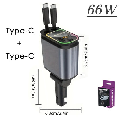 4in1 Retractable Car Charger with USB Roof Star Type-C Cable for iPhone Fast Charging Cigarette Lighter Adapter Starlight Phone