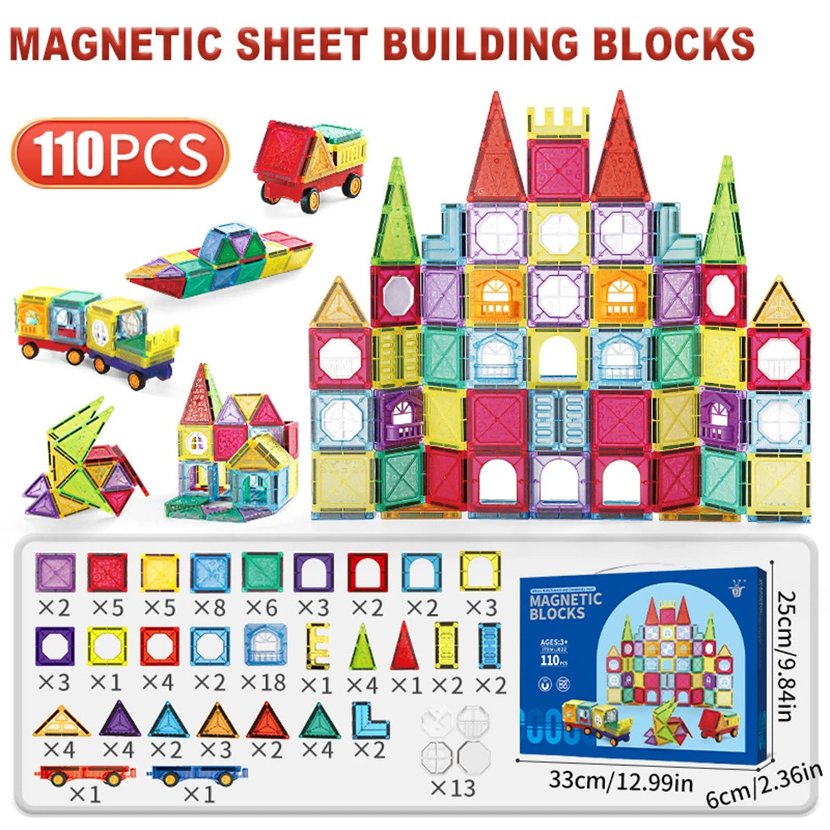 Magnetic Tiles 120Pcs Building Blocks Set with Cars for Kids