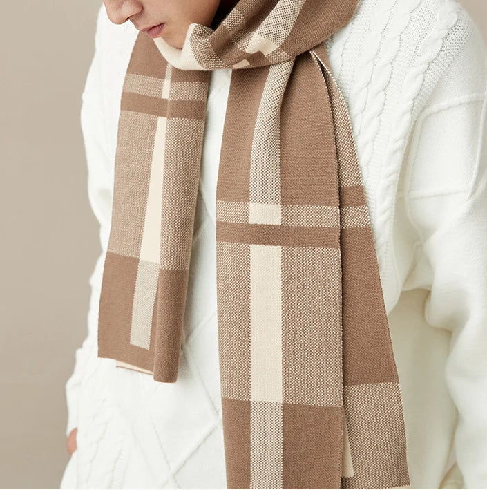 High Quality Wool Blend Scarf Men Thick Versatile Stripe Cashmere Muffler
