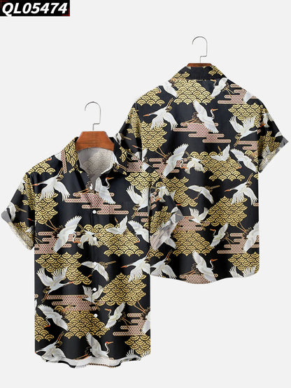 Alohadaddy Hawaiian Casual Plants Palm Leaves Print Art Pockets Buttons Elastic Large Size Shirt