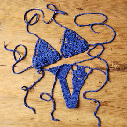 Women Sexy Handmade Bikini Sets Crochet Flower Solid Color Lace Thong String Swimwear Sunbathing Swimsuit Beach Wear Lace-up