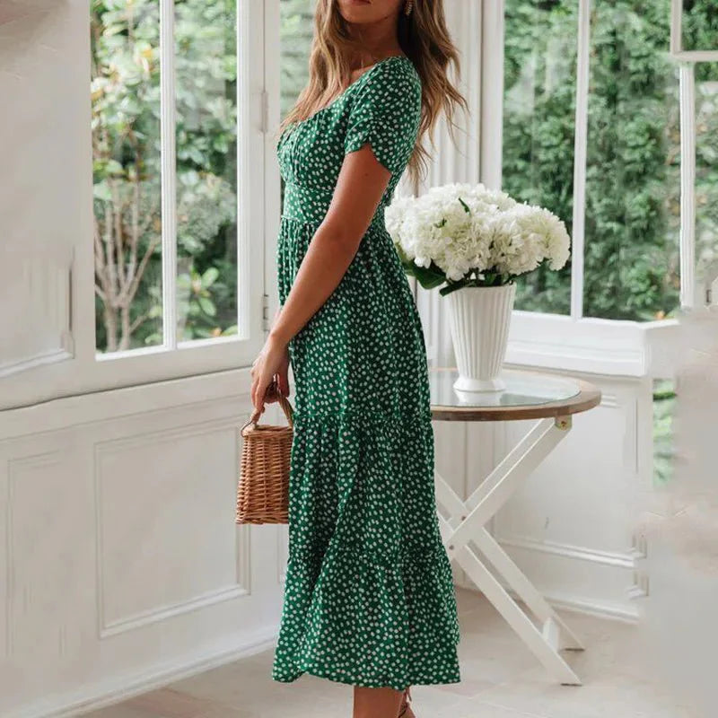 Vintage Print Puff Sleeve Maxi Dress - Summer Floral Casual Dress
