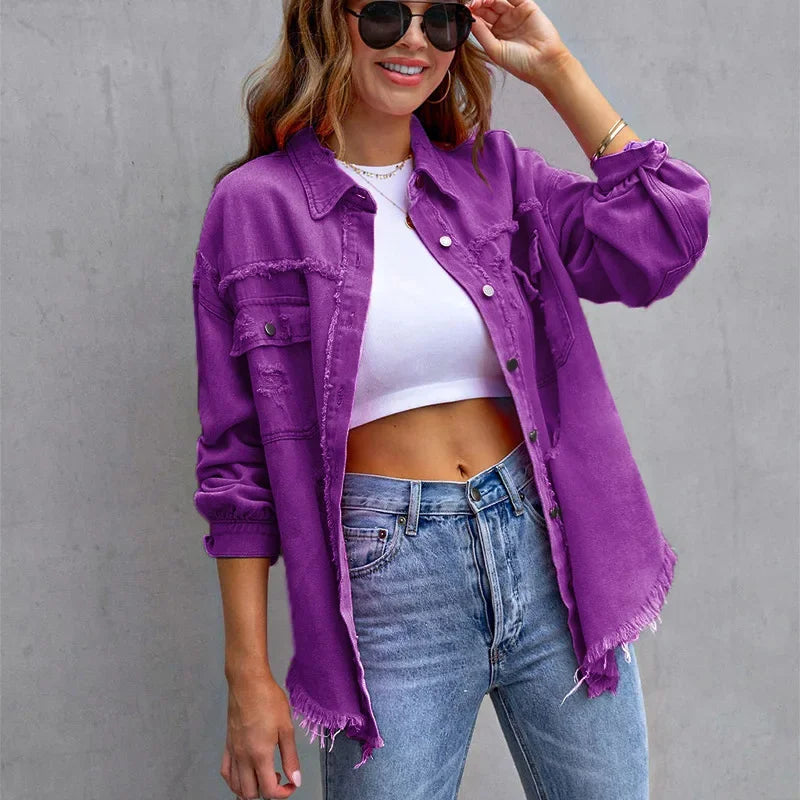 Women’s Fashion Ripped Shirt Jacket for Autumn and Spring Casual Tops
