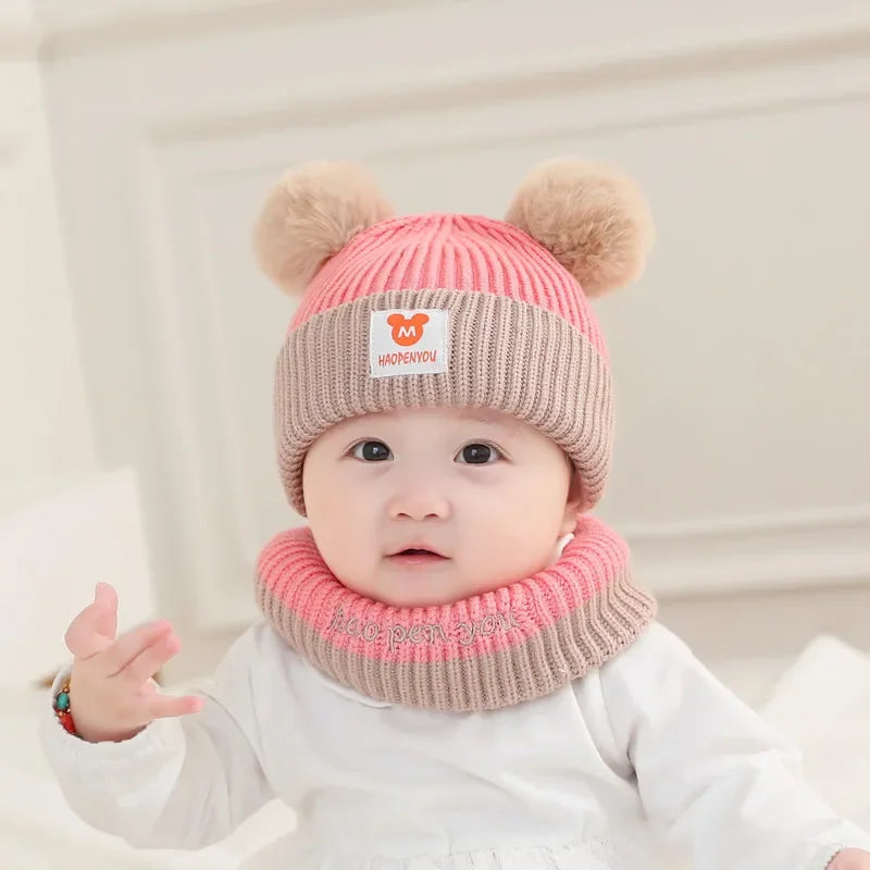 1Set Baby Hat Scarf Set Knitted Winter Hat Infant Toddler 1-5Y