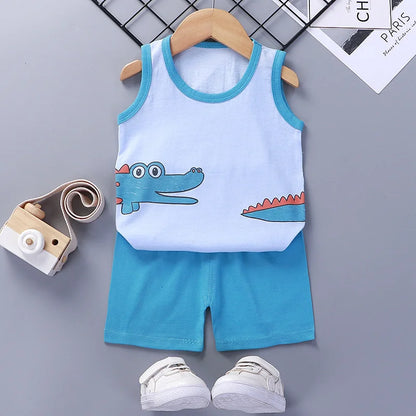 NoEnName_Null Unisex Baby Cartoon Print Pullover Shorts Set for Toddlers (Ages 1-3Y)
