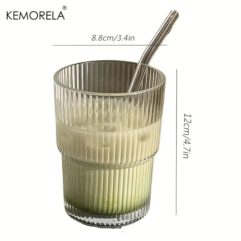 450ml Stripe Glass Cup with Lid & Straw - Iced Coffee & Tea Mug