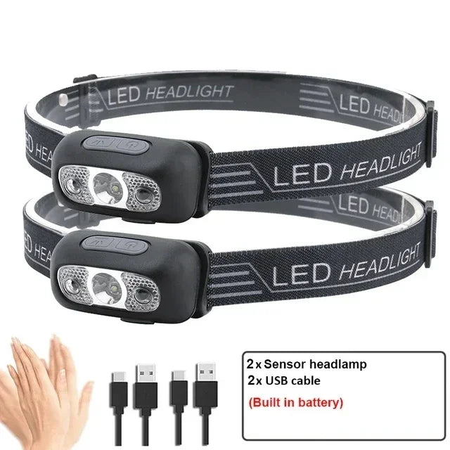 Strong Light Headlamp Portable LED Sensor Headlamp USB Rechargeable Head Flashlight Outdoor Camping Fishing Emergency Lantern