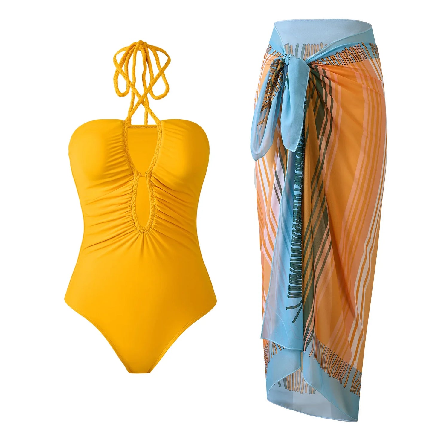 One Piece Bathing Suit for Women with Bikini Maxi Wrap Skirt 2Pcs Floral Print Swimsuit High Waist Tummy Control Beach Suits
