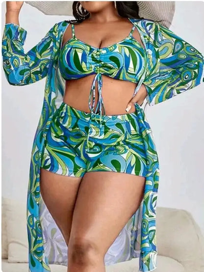 2025 New Plus Big Size Swimwear for Women Swimsuit Large Bathing Suits Three-Piece Push Up Bikini Set Sexy Lady Separate Stylish