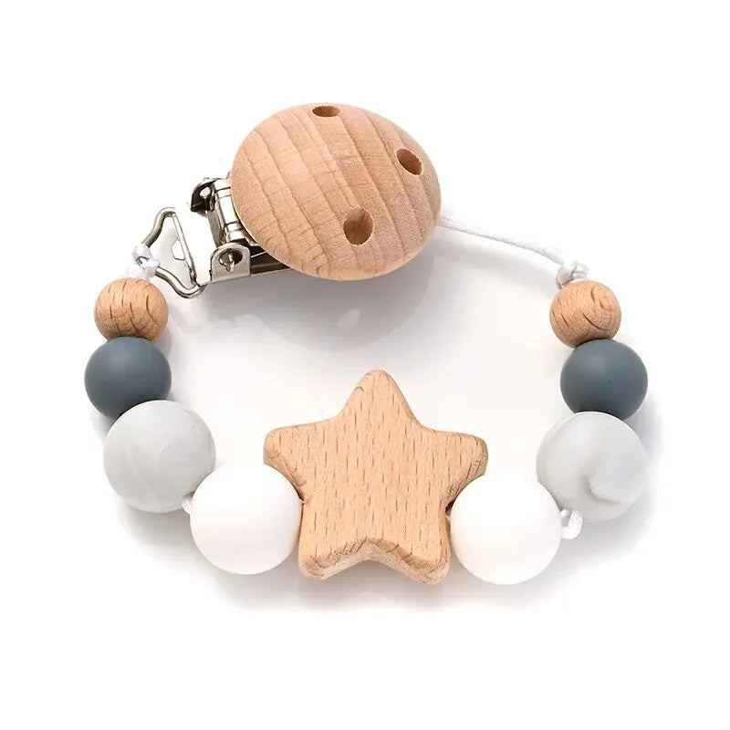 Wooden Pentagram Baby Pacifier Chain with Silicone Beads