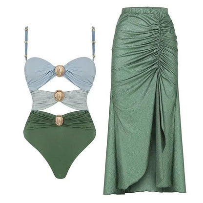 One Piece Bathing Suit for Women with Bikini Maxi Wrap Skirt 2Pcs Floral Print Swimsuit High Waist Tummy Control Beach Suits