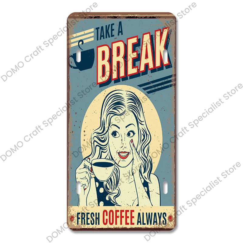 Coffee Licenses Plate Vintage Metal Tin Signs Retro Coffee Time Metal Plaques for Cafe Kitchen Living Room Home Wall Art Decor