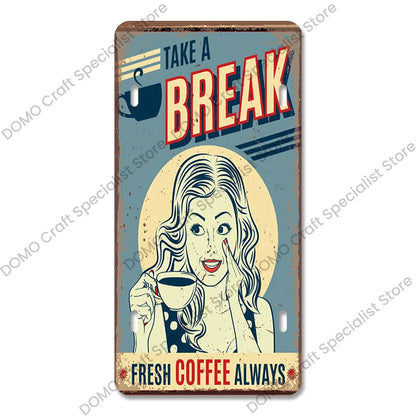 Coffee Licenses Plate Vintage Metal Tin Signs Retro Coffee Time Metal Plaques for Cafe Kitchen Living Room Home Wall Art Decor