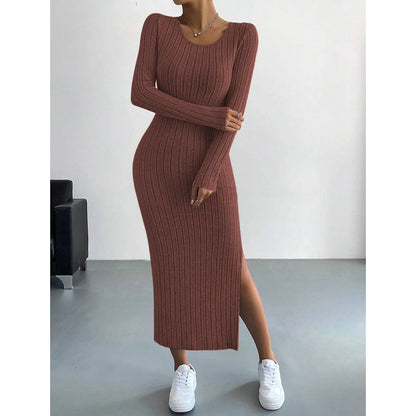 French Scoop Neck Long Sleeve Autumn Maxi Dress