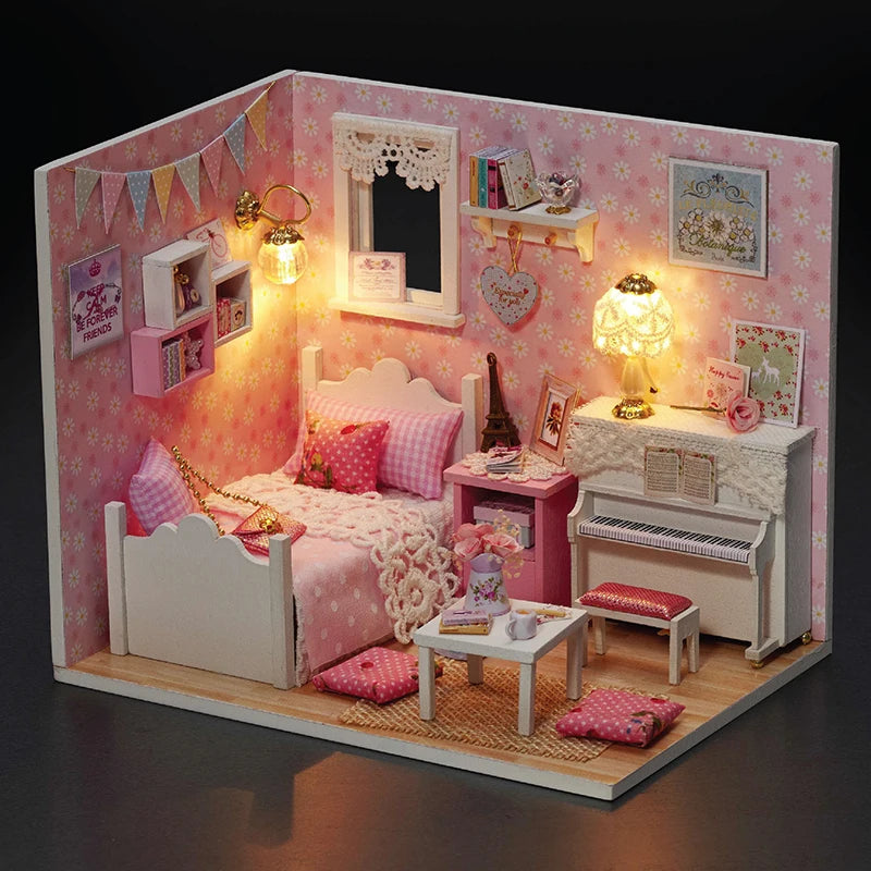 Dollhouse Miniature DIY Wooden Dollhouse Kit with Furniture with LED Light Music Sweet Time