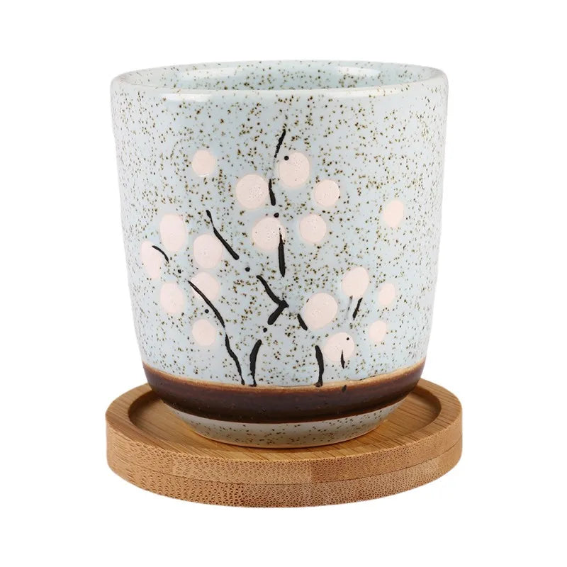 Flower Pot With Bamboo Tray Japanese style Ceramic Lot Mini Cement Succulent   Bonsai Planter Garden Decor Office Home Plant