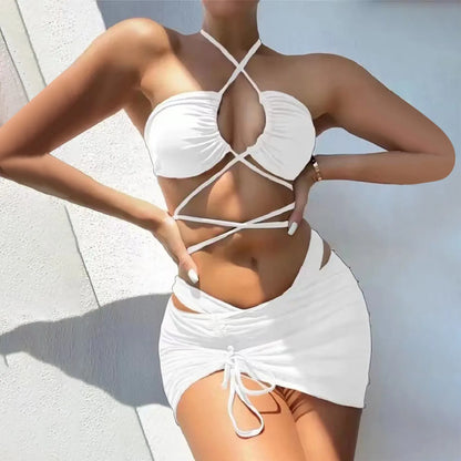 Bikinis Sets Swimsuit For Women Solid Hollow Strap Sexy Bikini Swimwear Three Piece Mesh Swimsuit Swimwear For Women