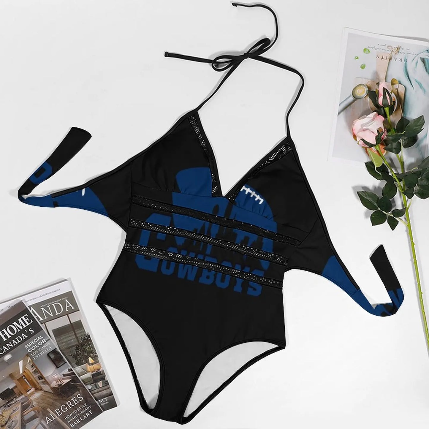 Dallas Cowboy.S S Sexy Black Mesh One Piece Swimsuit Backless Cut Out Swimwear Women Swim Bathing Suit S S Fan Football Xmas