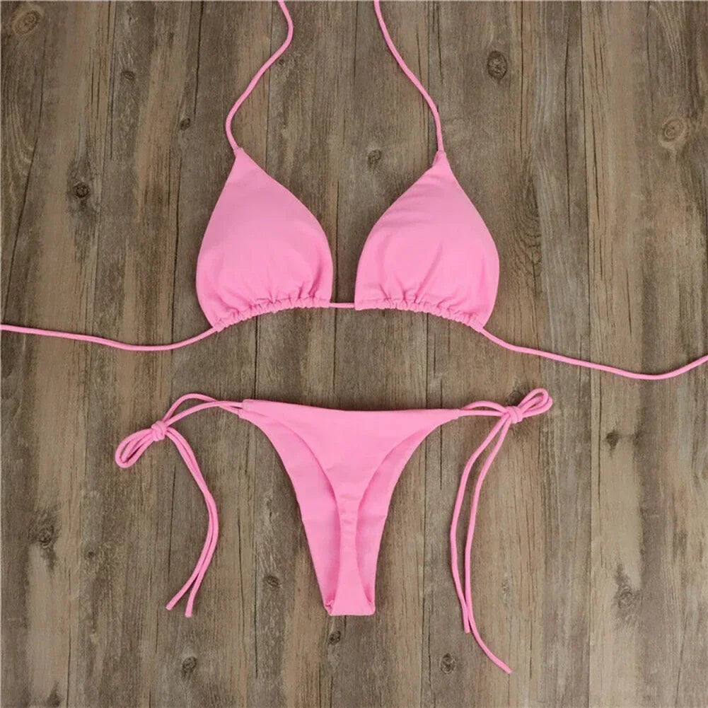 Women Thong Bikini Set Side Tie Sexy Swimsuit Bandage Style Brazilian Swimwear Neck Hanging Solid Color Adjustable Swimsuit Set