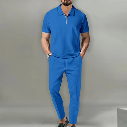 Men's Casual POLO Shirt 2 Set Breathable Pant pull rope Fashion Dress