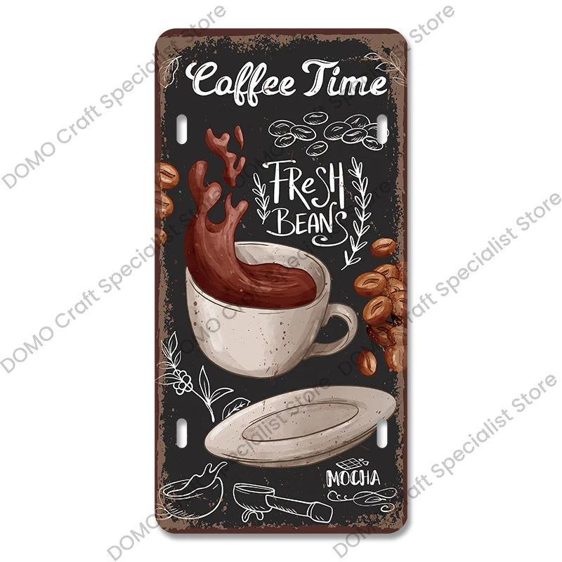 Coffee Licenses Plate Vintage Metal Tin Signs Retro Coffee Time Metal Plaques for Cafe Kitchen Living Room Home Wall Art Decor