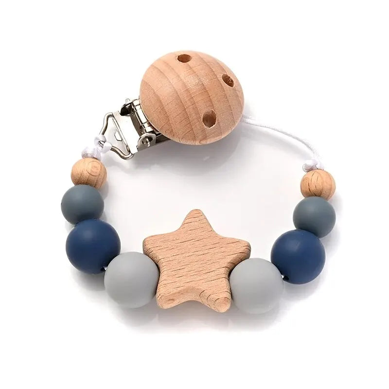 Wooden Pentagram Baby Pacifier Chain with Silicone Beads