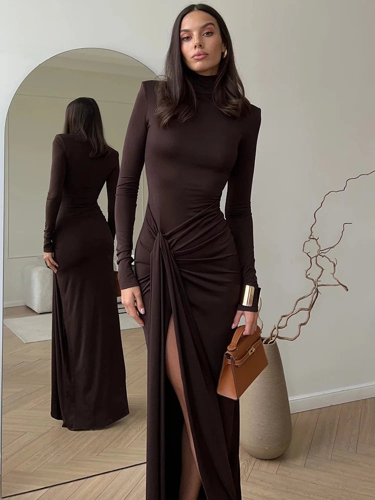 Turtleneck Thigh High Split Sexy Maxi Dress For Women Fashion Long Sleeve