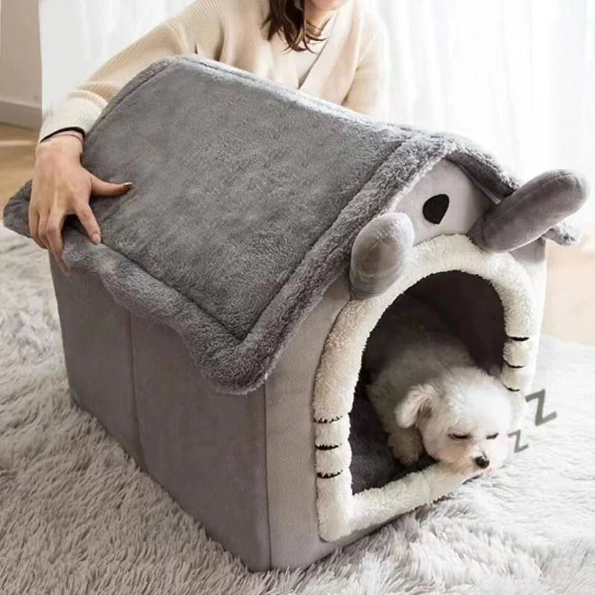 Soft and cozy cartoon house pet bed perfect for indoor dogs and cats