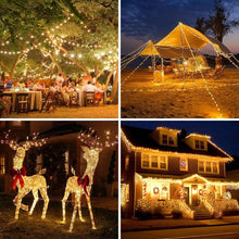 Solar string lights glowing in a waterproof garden Christmas setup