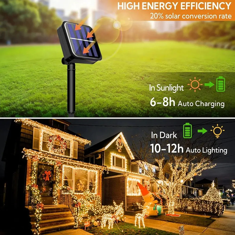 Solar string lights glowing in a waterproof garden Christmas setup