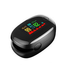Fingertip pulse oximeter with OLED display showing SpO2 and heart rate