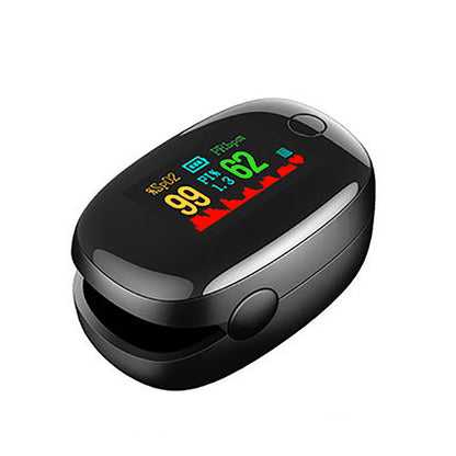Fingertip pulse oximeter with OLED display showing SpO2 and heart rate