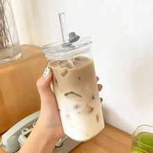 Square heat resistant coffee glass cup with lid and straw for drinks