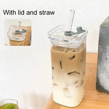 Square heat resistant coffee glass cup with lid and straw for drinks