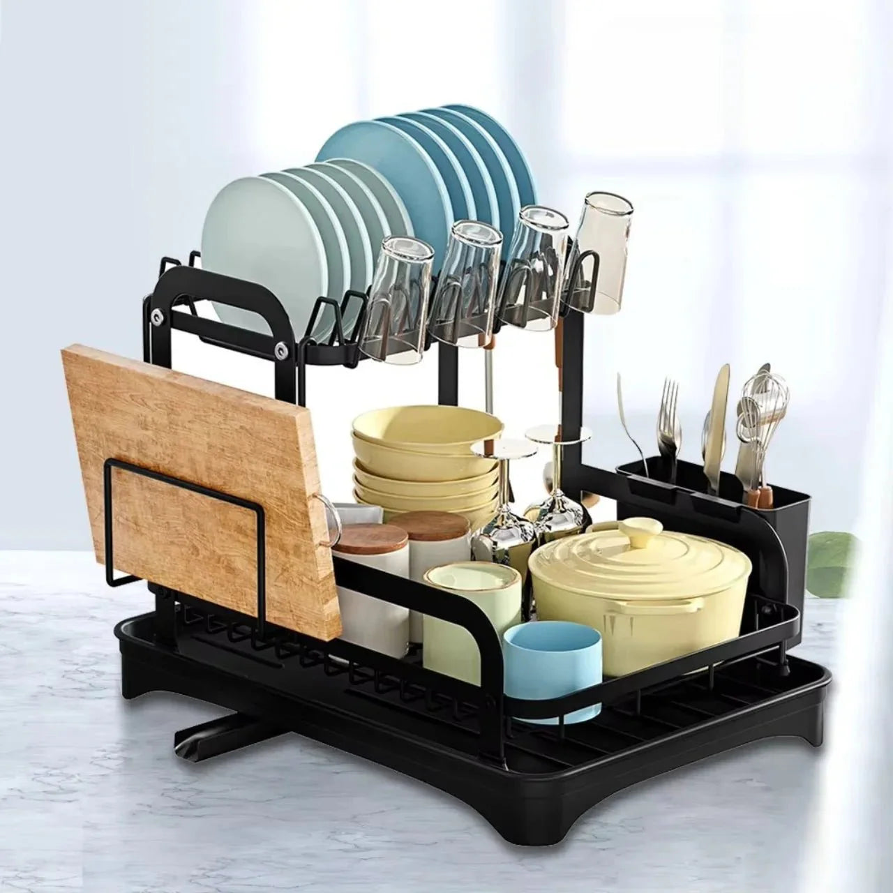 Stainless steel dish drying rack with utensil holder for kitchen

