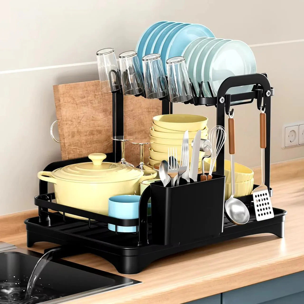 Stainless steel dish drying rack with utensil holder for kitchen

