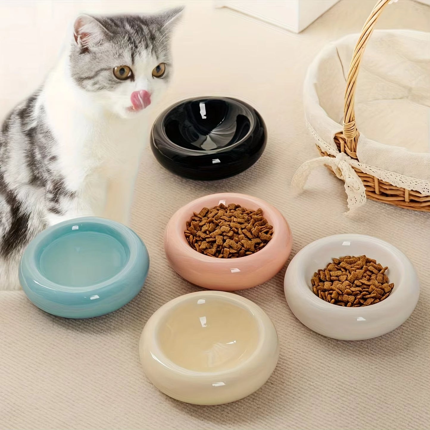 Stylish ceramic donut cat bowl with elevated non-slip base for feeding
