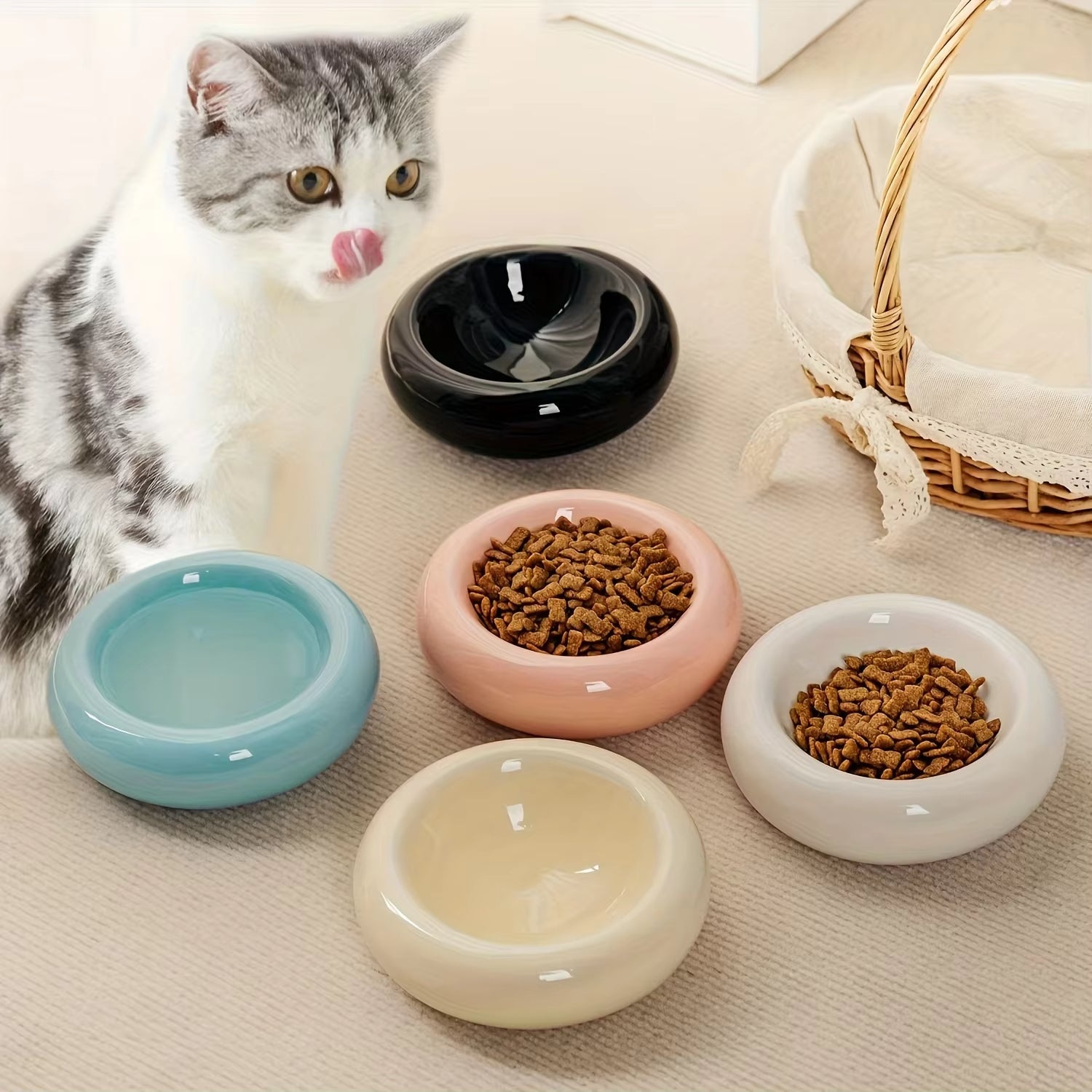 Stylish ceramic donut cat bowl with elevated non-slip base for feeding