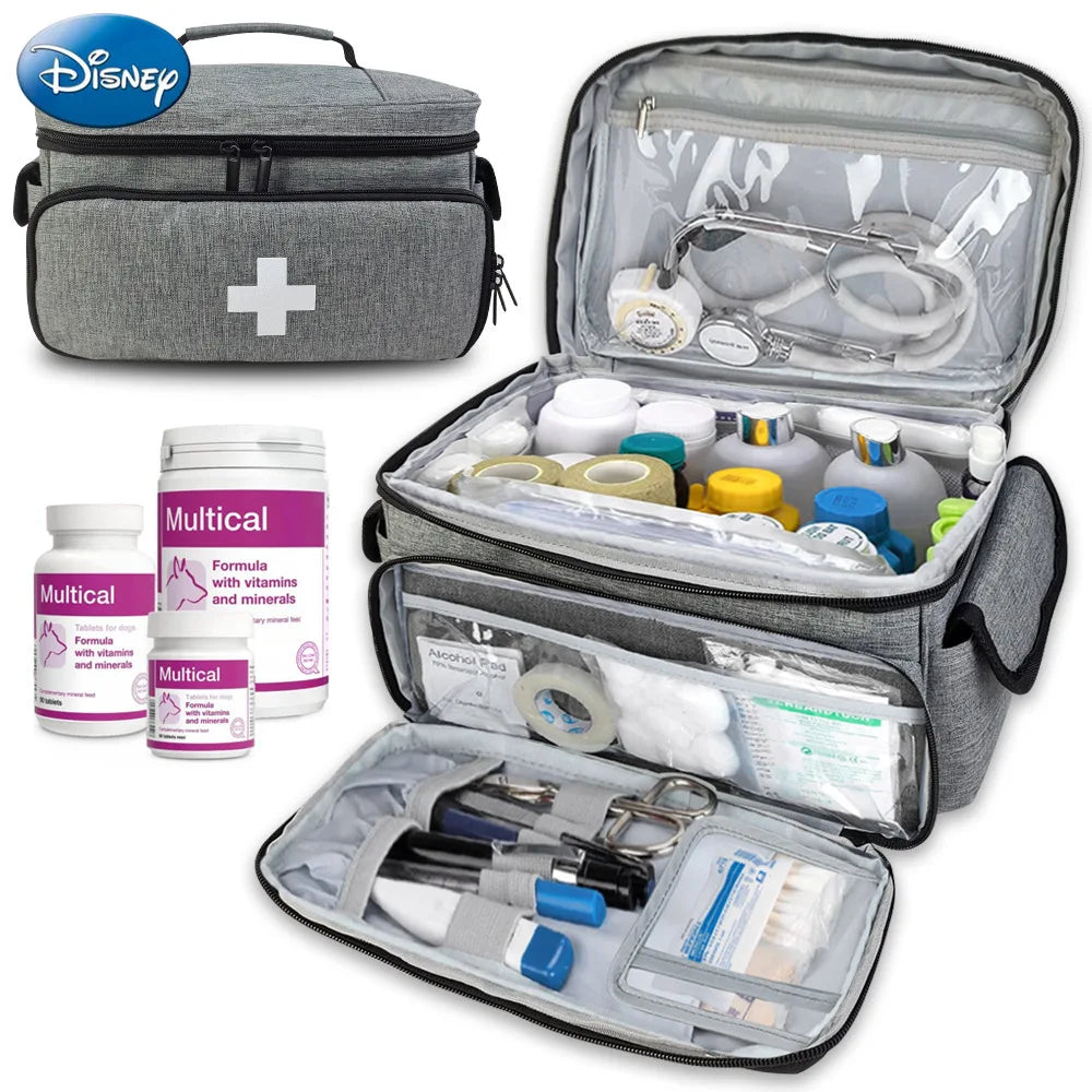 Travel first aid kit bag with layered compartments for medicine storage